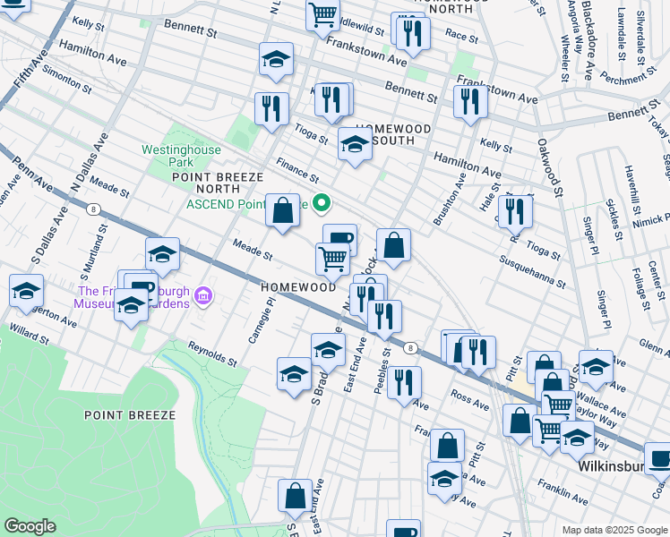 map of restaurants, bars, coffee shops, grocery stores, and more near 7401 Meade Street in Pittsburgh