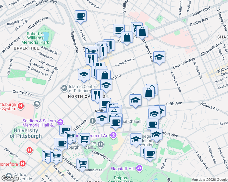 map of restaurants, bars, coffee shops, grocery stores, and more near 540 North Neville Street in Pittsburgh