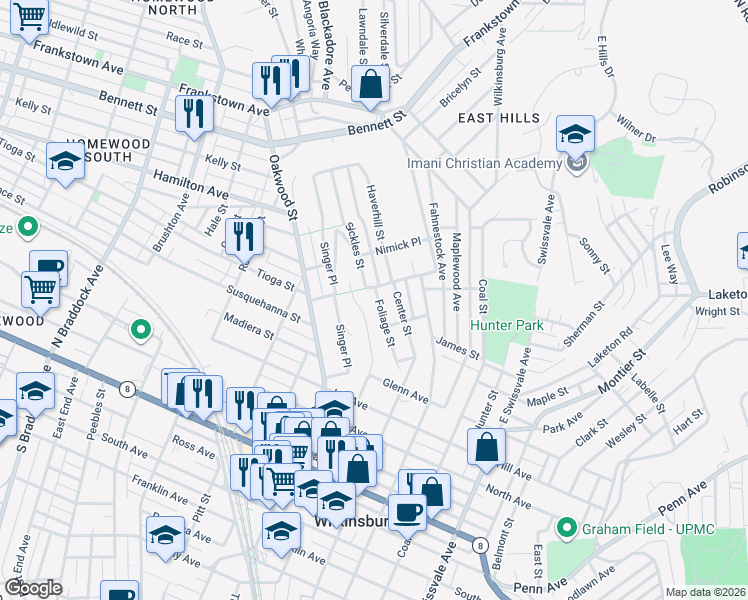 map of restaurants, bars, coffee shops, grocery stores, and more near 1520 Foliage Street in Pittsburgh