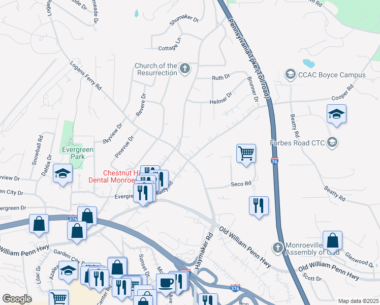 map of restaurants, bars, coffee shops, grocery stores, and more near 503 Beatty Road in Monroeville