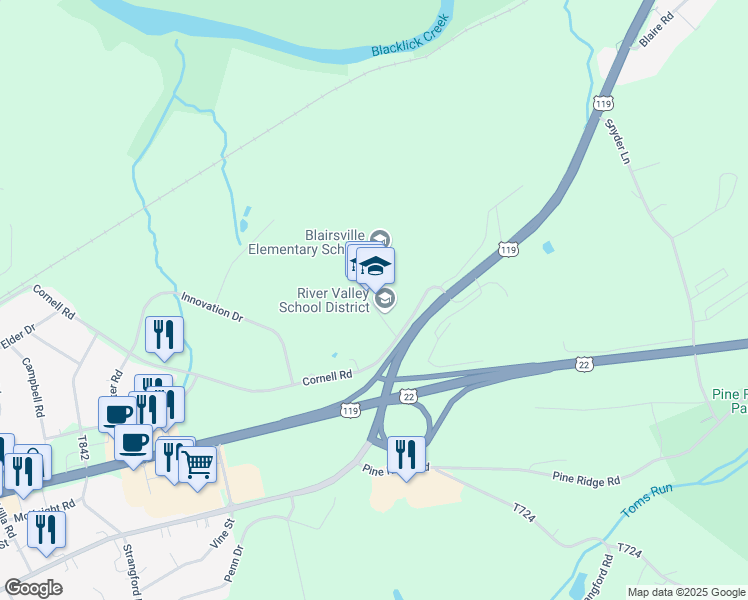 map of restaurants, bars, coffee shops, grocery stores, and more near 104 School Lane in Blairsville