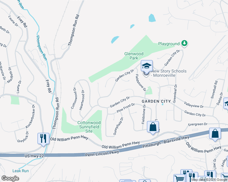 map of restaurants, bars, coffee shops, grocery stores, and more near 744 Garden City Drive in Monroeville