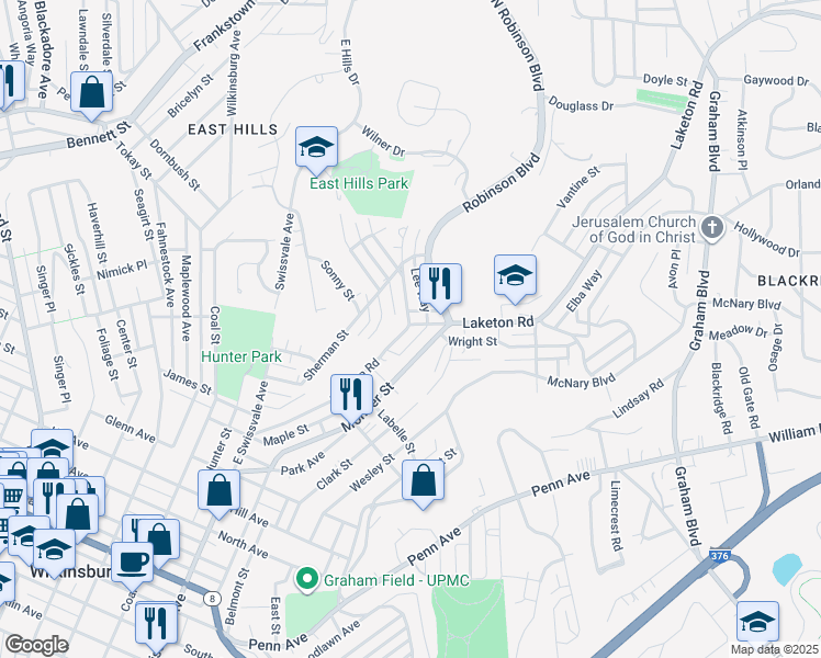 map of restaurants, bars, coffee shops, grocery stores, and more near 1656 Laketon Road in Pittsburgh