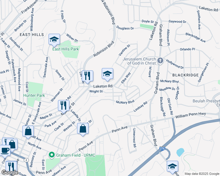 map of restaurants, bars, coffee shops, grocery stores, and more near 1834 Laketon Rd in Pittsburgh