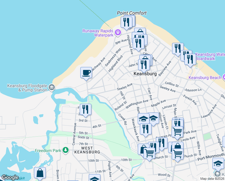 map of restaurants, bars, coffee shops, grocery stores, and more near 217 Seeley Avenue in Keansburg