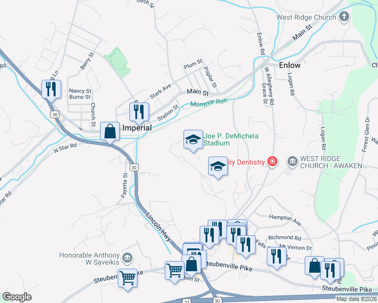 map of restaurants, bars, coffee shops, grocery stores, and more near 205 West Allegheny Road in Imperial