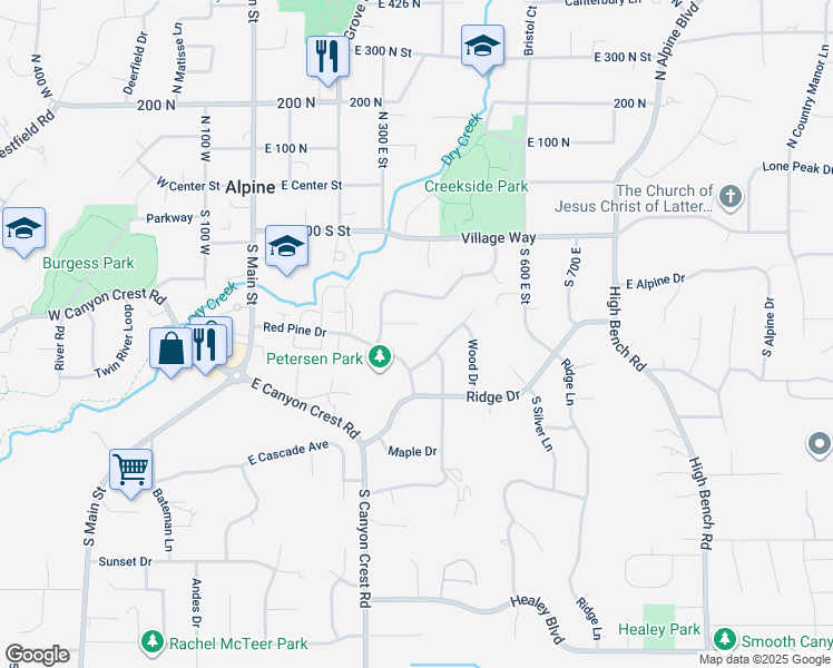 map of restaurants, bars, coffee shops, grocery stores, and more near 364 East 280 South Street in Alpine