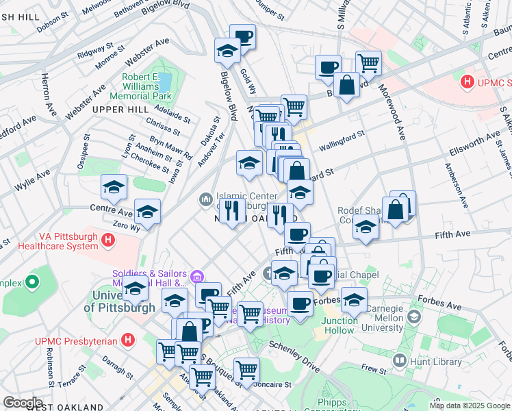 map of restaurants, bars, coffee shops, grocery stores, and more near 220 North Bellefield Avenue in Pittsburgh