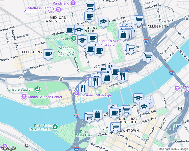 map of restaurants, bars, coffee shops, grocery stores, and more near 25 East Lacock Street in Pittsburgh
