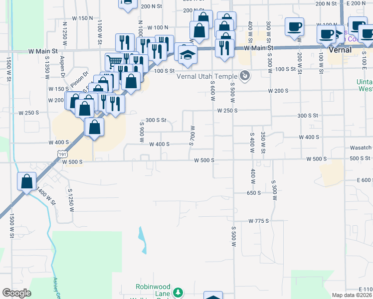 map of restaurants, bars, coffee shops, grocery stores, and more near 458 South 700 West in Vernal