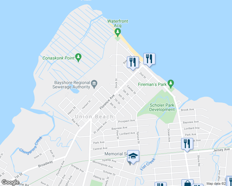 map of restaurants, bars, coffee shops, grocery stores, and more near Florence Ave & Dock St in Union Beach