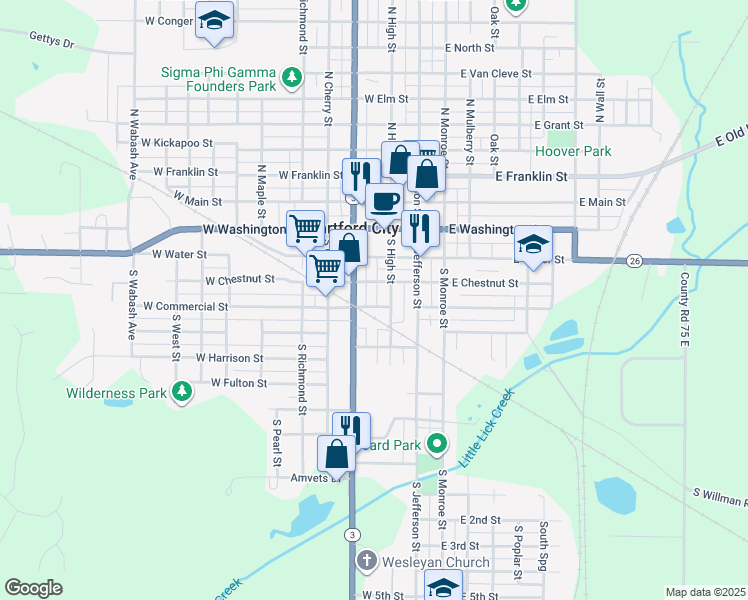 map of restaurants, bars, coffee shops, grocery stores, and more near 214 W Commercial St in Hartford City