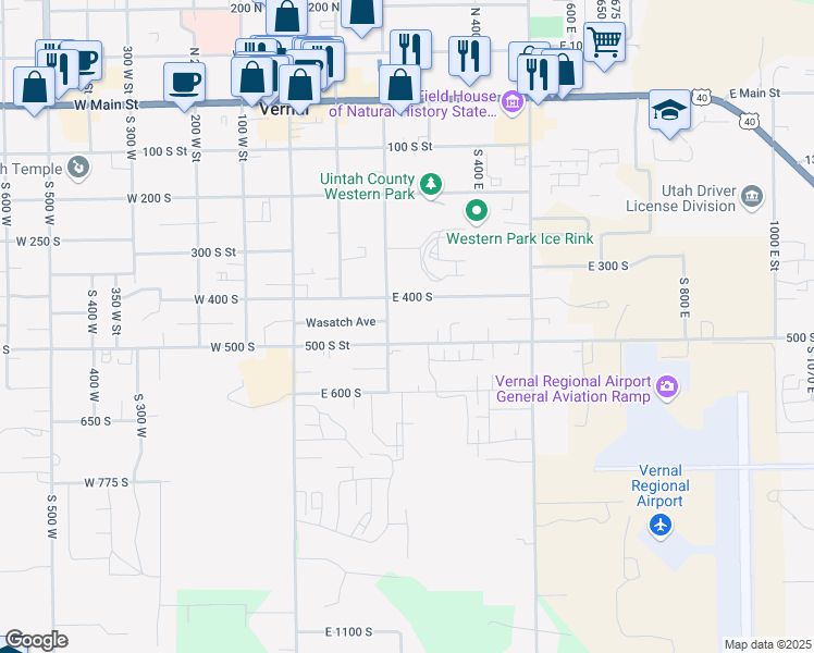 map of restaurants, bars, coffee shops, grocery stores, and more near 443 South 200 East in Vernal