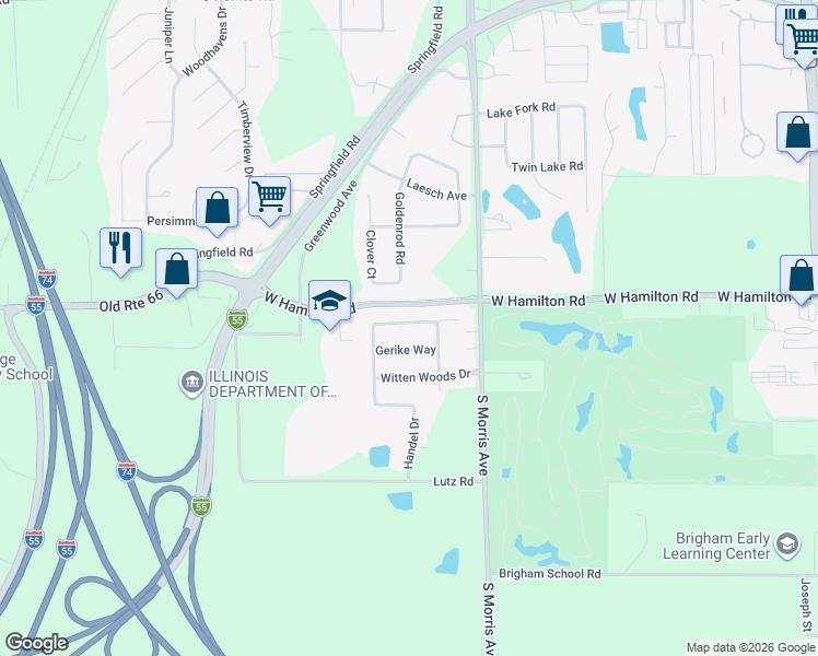 map of restaurants, bars, coffee shops, grocery stores, and more near 916 Wartburg Drive in Bloomington