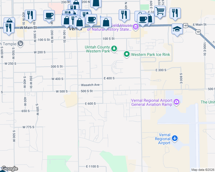 map of restaurants, bars, coffee shops, grocery stores, and more near 443 South 200 East in Vernal