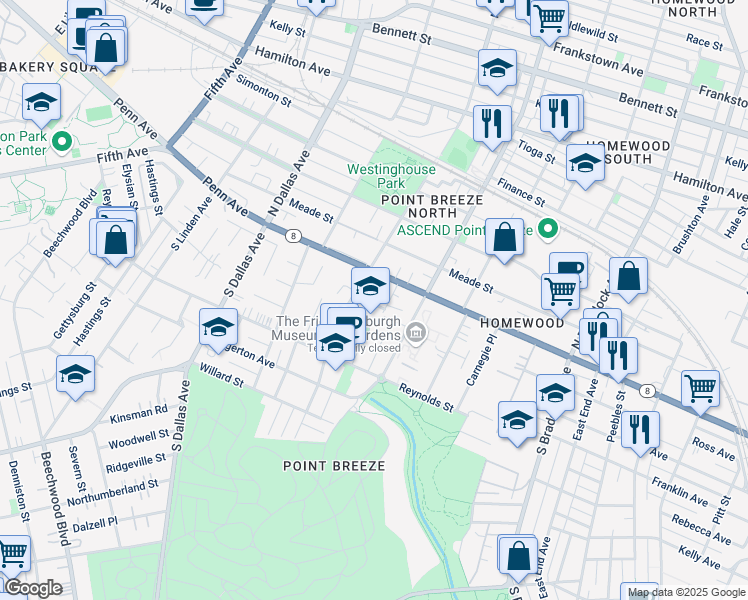 map of restaurants, bars, coffee shops, grocery stores, and more near 7123 Card Lane in Pittsburgh