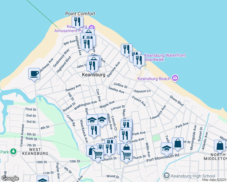map of restaurants, bars, coffee shops, grocery stores, and more near 52 Seeley Avenue in Keansburg