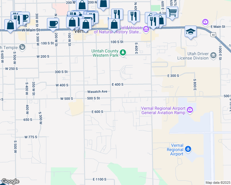 map of restaurants, bars, coffee shops, grocery stores, and more near 443 South 200 East in Vernal