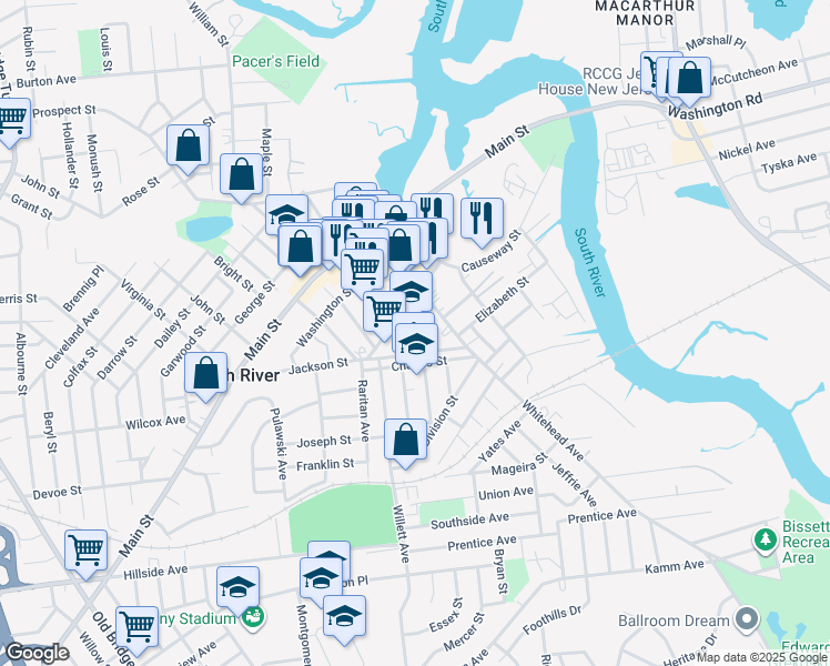map of restaurants, bars, coffee shops, grocery stores, and more near 13 Holmes Avenue in South River