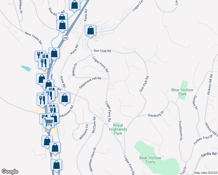 map of restaurants, bars, coffee shops, grocery stores, and more near 3803 Logan Ferry Road in Pittsburgh