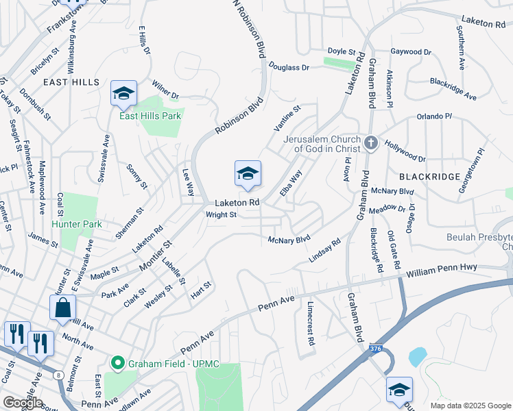 map of restaurants, bars, coffee shops, grocery stores, and more near 1834 Laketon Road in Pittsburgh
