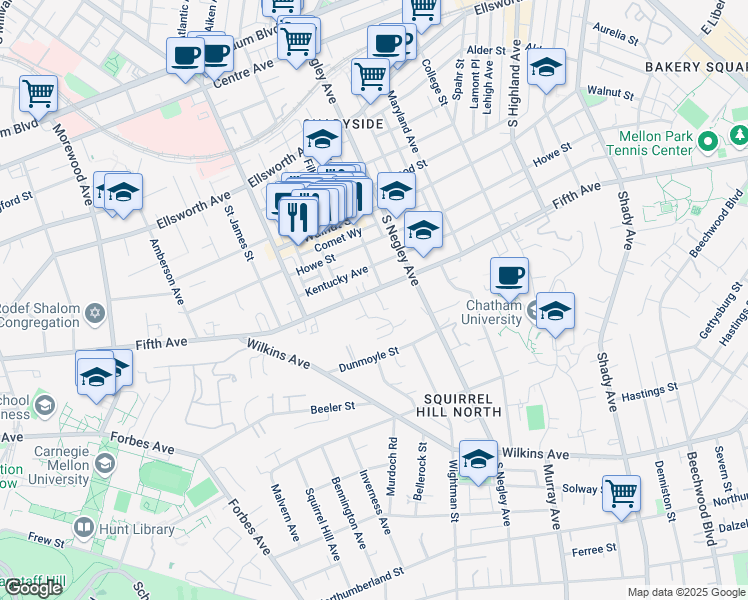 map of restaurants, bars, coffee shops, grocery stores, and more near 5517 Fifth Avenue in Pittsburgh