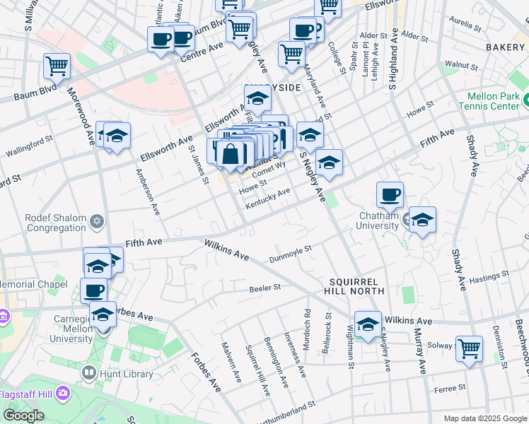map of restaurants, bars, coffee shops, grocery stores, and more near 5425 Fifth Avenue in Pittsburgh