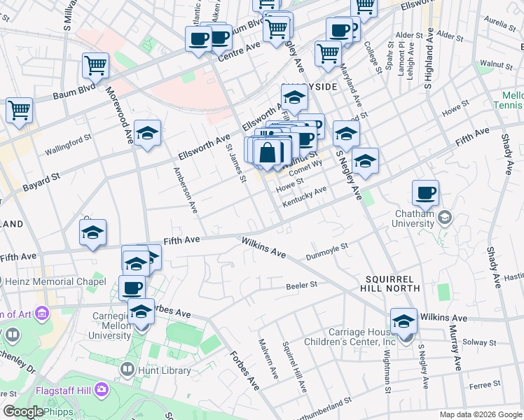 map of restaurants, bars, coffee shops, grocery stores, and more near 926 South Aiken Avenue in Pittsburgh