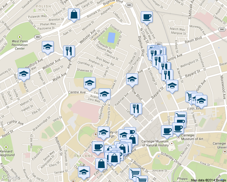 map of restaurants, bars, coffee shops, grocery stores, and more near 3000 Iowa Street in Pittsburgh