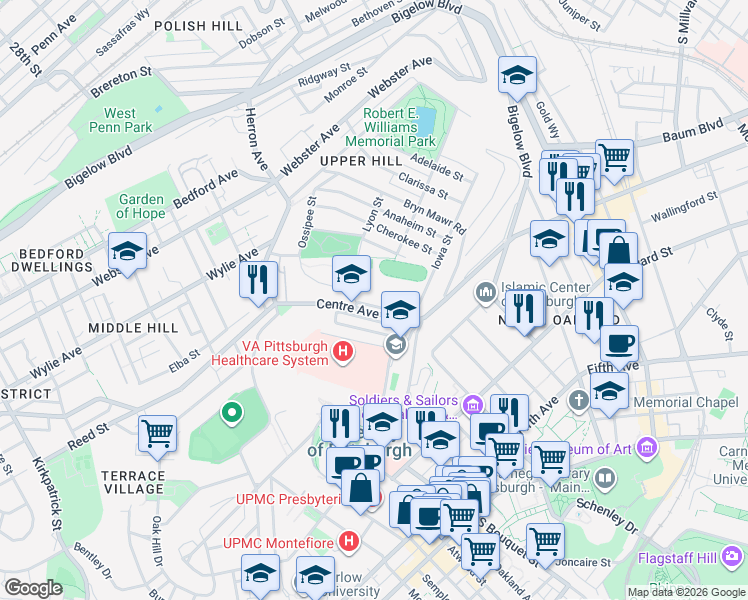 map of restaurants, bars, coffee shops, grocery stores, and more near 3147 Ewart Drive in Pittsburgh