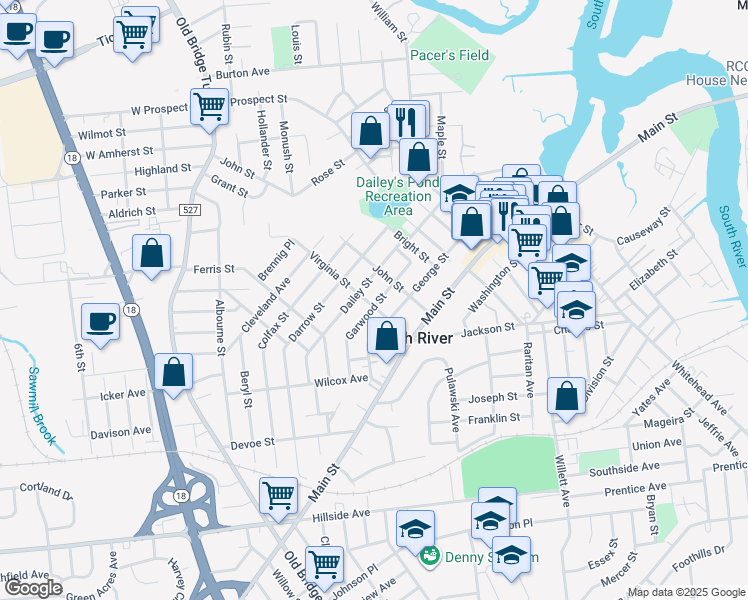 map of restaurants, bars, coffee shops, grocery stores, and more near 21 Virginia Street in South River