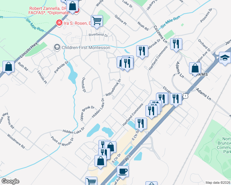 map of restaurants, bars, coffee shops, grocery stores, and more near 338 Willowbrook Drive in North Brunswick Township