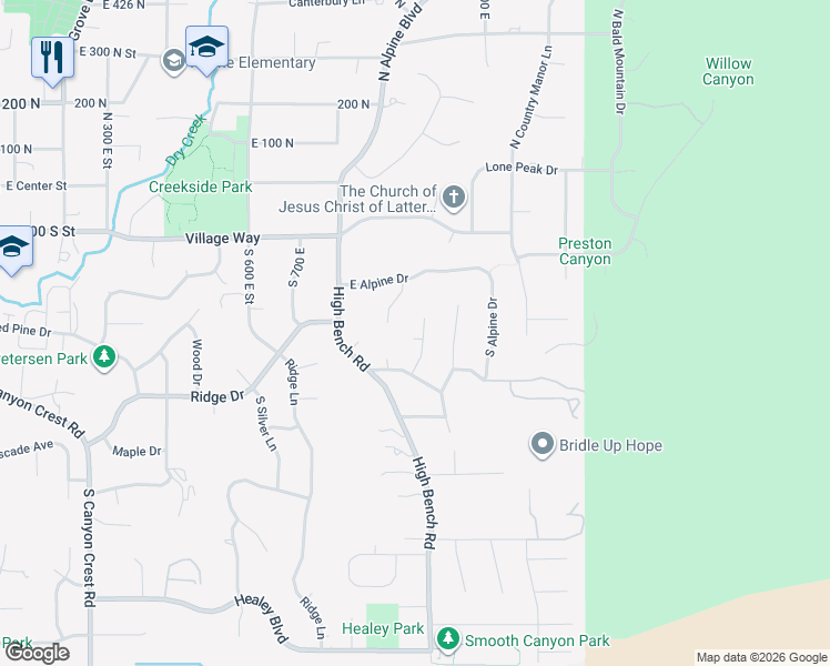 map of restaurants, bars, coffee shops, grocery stores, and more near 312 South Pineview Drive in Alpine
