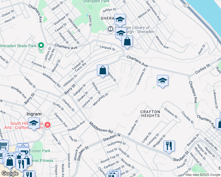 map of restaurants, bars, coffee shops, grocery stores, and more near 1235 Justine Street in Pittsburgh
