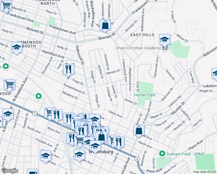 map of restaurants, bars, coffee shops, grocery stores, and more near 1520 Foliage Street in Pittsburgh