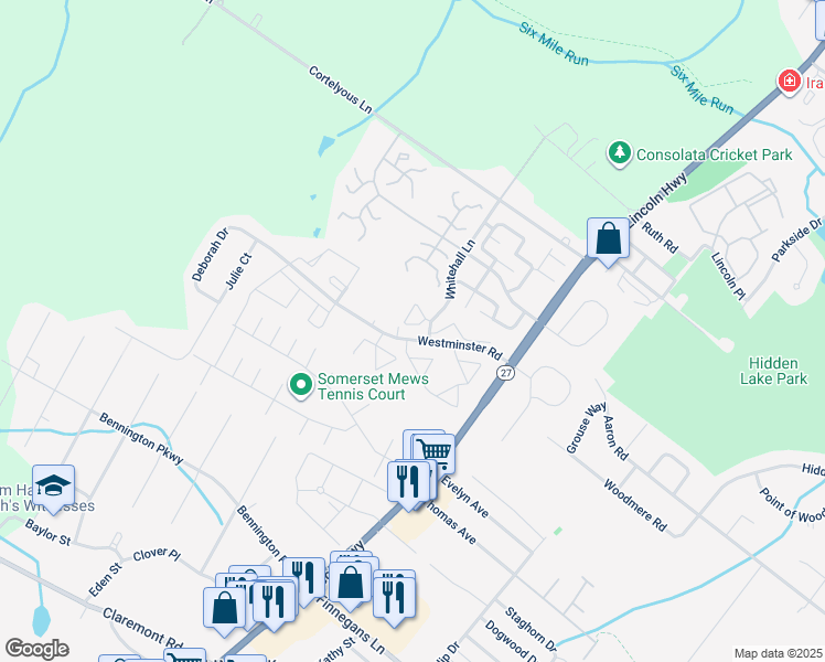 map of restaurants, bars, coffee shops, grocery stores, and more near 310 Royal Court in Franklin Township