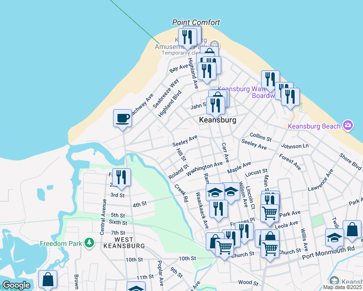 map of restaurants, bars, coffee shops, grocery stores, and more near 184 Seeley Avenue in Keansburg