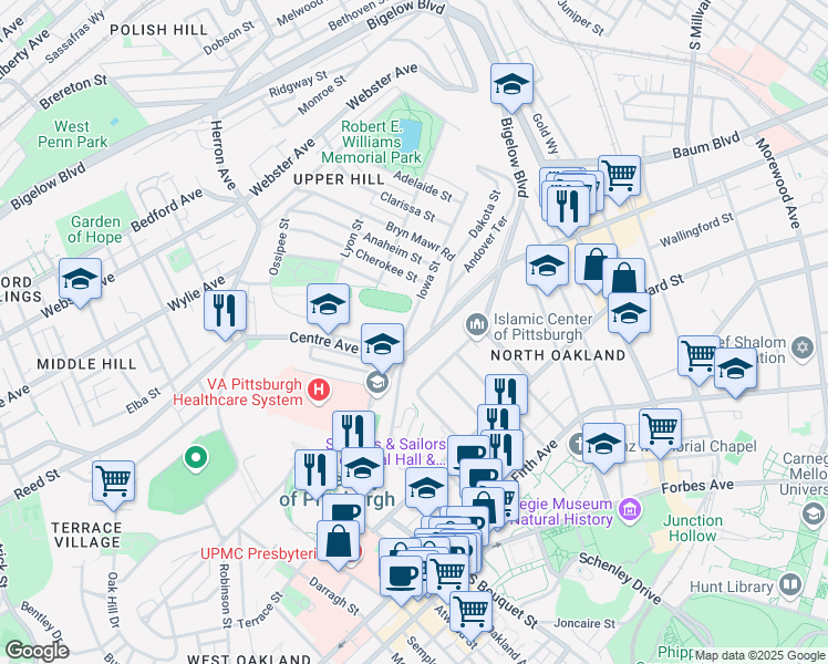 map of restaurants, bars, coffee shops, grocery stores, and more near 3000 Iowa Street in Pittsburgh