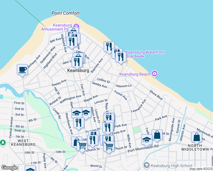 map of restaurants, bars, coffee shops, grocery stores, and more near 21 Seeley Avenue in Keansburg