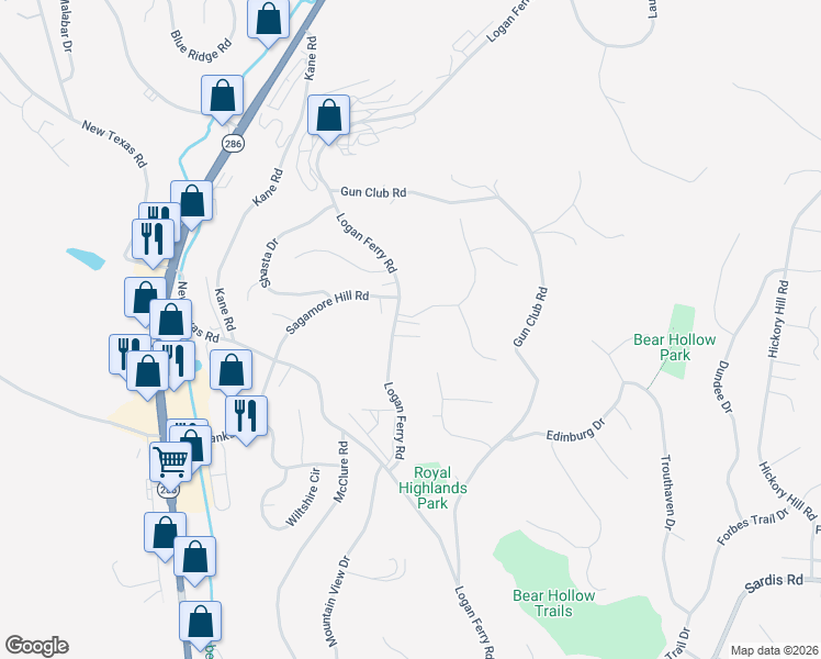 map of restaurants, bars, coffee shops, grocery stores, and more near 3803 Logan Ferry Road in Pittsburgh