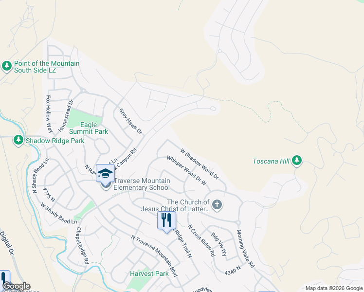 map of restaurants, bars, coffee shops, grocery stores, and more near 2128 West Shadow Wood Drive in Lehi