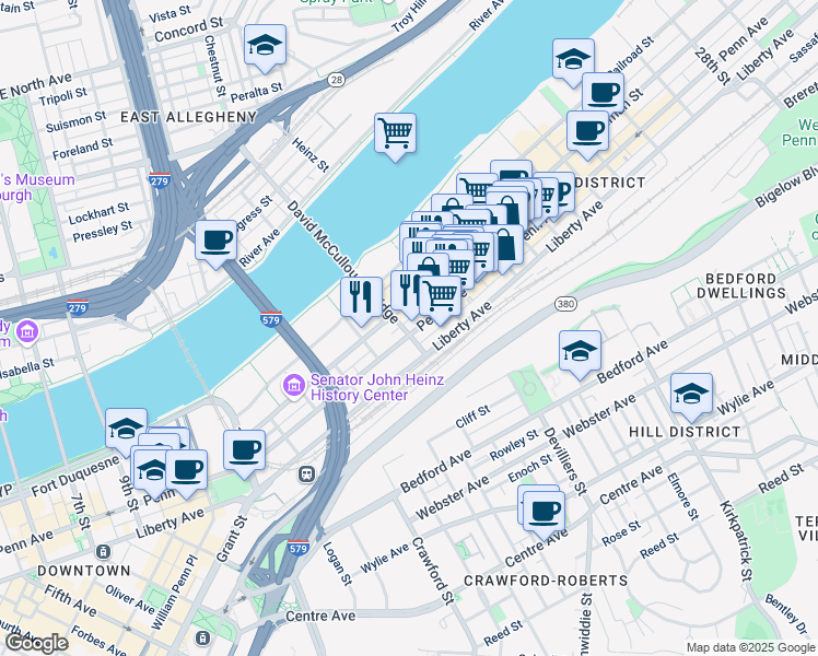 map of restaurants, bars, coffee shops, grocery stores, and more near 1601 Penn Avenue in Pittsburgh