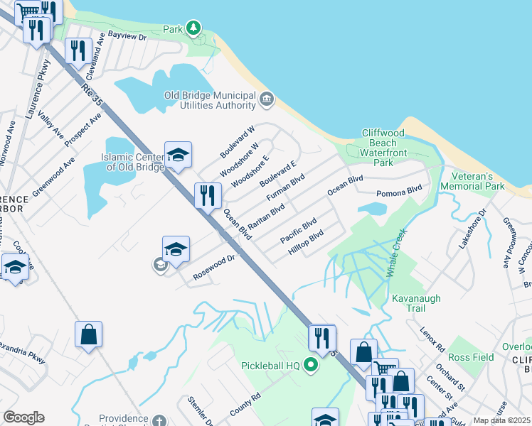 map of restaurants, bars, coffee shops, grocery stores, and more near 128 Raritan Boulevard in Keyport