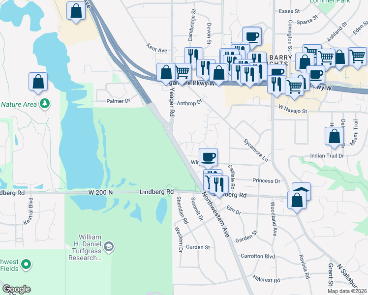map of restaurants, bars, coffee shops, grocery stores, and more near 205 Trace 2 in West Lafayette