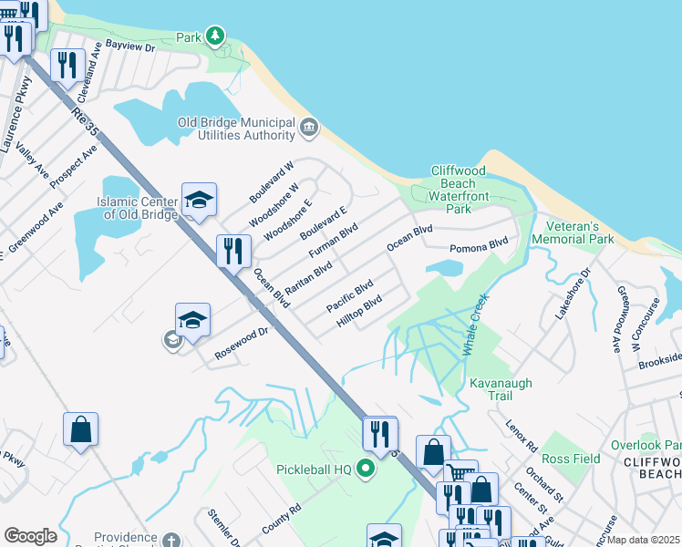 map of restaurants, bars, coffee shops, grocery stores, and more near 42 Ocean Boulevard in Keyport