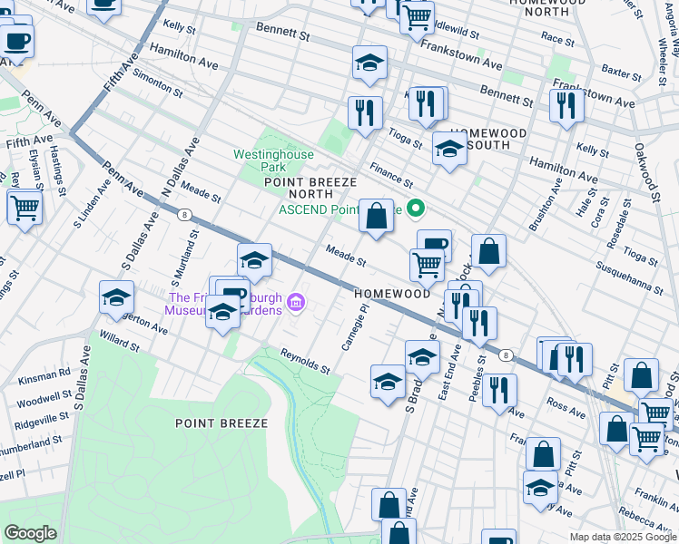 map of restaurants, bars, coffee shops, grocery stores, and more near 7239 Penn Avenue in Pittsburgh