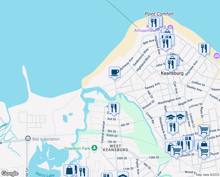 map of restaurants, bars, coffee shops, grocery stores, and more near 89 Maplewood Ave in Keansburg