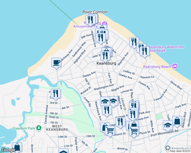 map of restaurants, bars, coffee shops, grocery stores, and more near 27 Lincoln Avenue in Keansburg