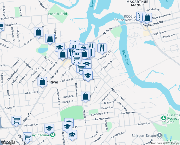 map of restaurants, bars, coffee shops, grocery stores, and more near 13 Holmes Avenue in South River
