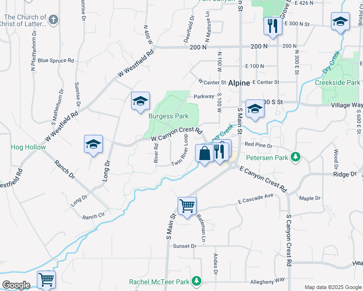 map of restaurants, bars, coffee shops, grocery stores, and more near 284 Twin River Loop in Alpine